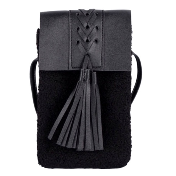 Handbags - NWT Black faux leather, sherpa crossbody cell phone carrier